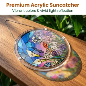 Acrylic floral suncatcher window hanging with vibrant stained glass design and metal chain.