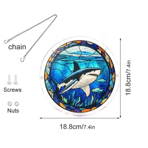 Vue detaillee d'attrape-soleil requin en verre acrylique, avec chaine et dimensions.