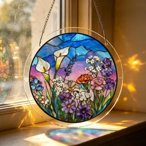 Stained glass style acrylic suncatcher floral hanging window decoration panel for home decor.