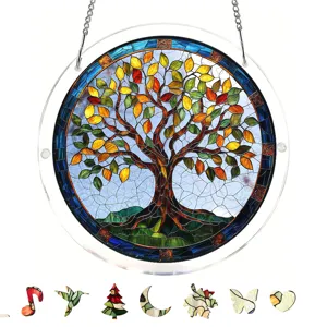 Stained glass tree suncatcher acrylic window hanging decor with assorted charms details