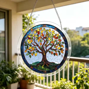 Stained glass style acrylic tree of life suncatcher hanging decoration for home window.
