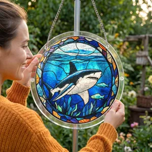 Vue en gros plan du capteur de soleil en acrylique style vitrail avec motif de requin.