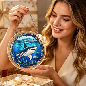 Attrape-soleil suspendu en acrylique requin style vitrail pendentif puzzle rond cadeau déco