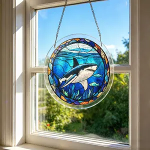 Attrape-soleil rond en acrylique pour fenetre avec beau motif de requin ocean.
