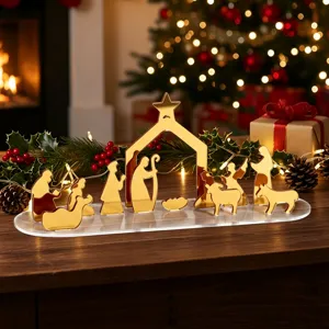 Décoration de Table de Noël Crèche en Acrylique Doré Miroir Figurine Sainte Famille