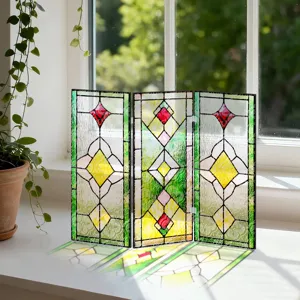 Mini ecran pliante en acrylique style vitrail avec motif de begonia pour decoration interieure.