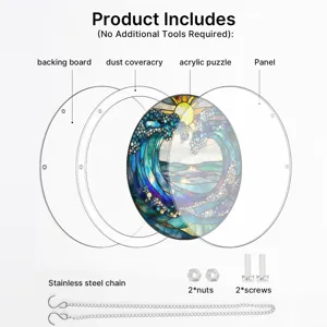Acrylic suncatcher puzzle hanging decor with mounting hardware and clear component breakdown.