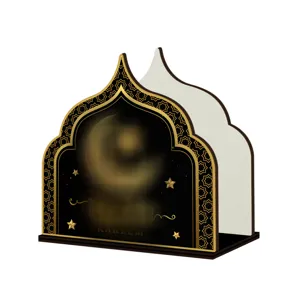 Houten Ramadan servettenhouder, moskee boog design, decoratieve zwart gouden tissue opbergdoos.