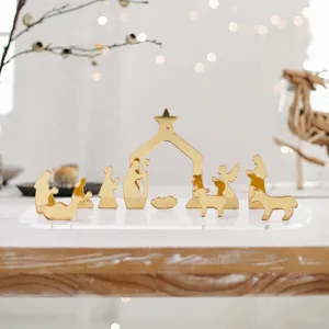 Ensemble de decoration de bureau de scene de nativite de Noel en acrylique dore pour fete.