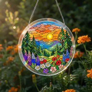 Detailed close-up of the stained glass style suncatcher hanging ornament with sunset and forest.
