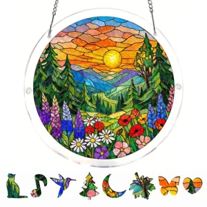 Stained glass style acrylic suncatcher detail shot, featuring vibrant nature landscape design.
