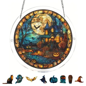 Hermoso adorno colgante para ventana de atrapasol de acrilico con colores de Halloween.