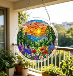 Acrylic stained glass suncatcher pendant with colorful sunset forest and floral landscape design.