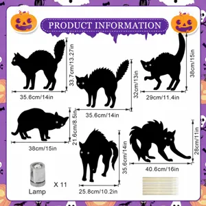 Halloween luminous black cat yard stakes size guide showing dimensions and LED lamp accessories.