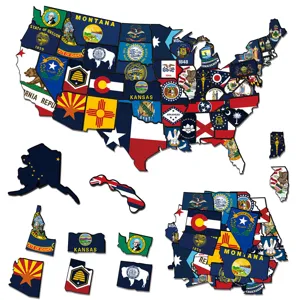 Magnetic US state map puzzle fridge magnet, educational travel toy with state flags and names.