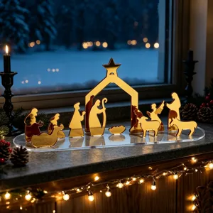 Vue détaillée de la scène de nativité en acrylique doré pour décoration de table de Noël.