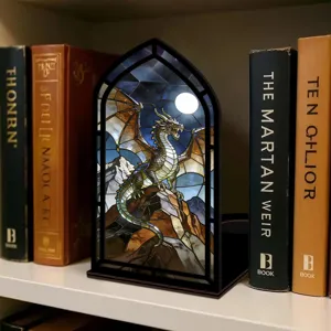 Fermalibri drago con vetrate artistiche, decorazione gotica per scaffale e libreria.