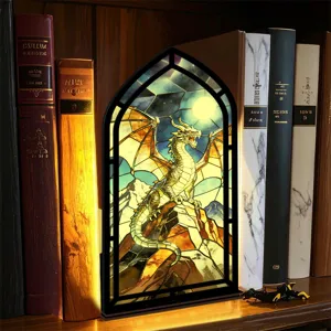 Fermalibri inserto per libreria con drago in vetrata e calda illuminazione LED