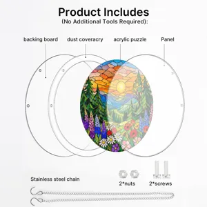Acrylic suncatcher puzzle window hanging component breakdown diagram with hanging chain.