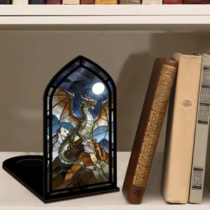 Fermalibri gotico in vetro colorato con drago per decorazione di scaffali e librerie