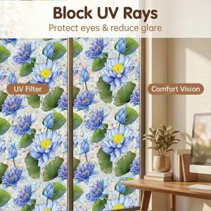 Static window film with blue lotus flower design, uv blocking decorative privacy glass sticker.