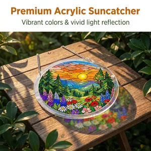 Premium acrylic suncatcher featuring vibrant stained glass landscape design for window decor.