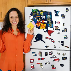 US state map fridge magnets detail view showing colorful educational geography puzzle pieces.