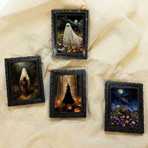 Halloween miniature magnetic photo frames detail showing intricate ghost, witch, and raven designs.