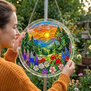 Detailed view of the round acrylic stained glass suncatcher hanging in a garden setting.
