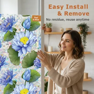 Static cling window film with beautiful blue lotus floral design, removable and easy to install.