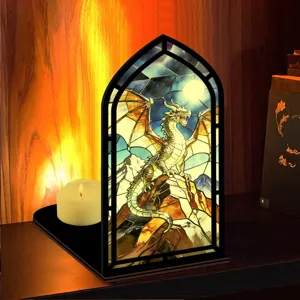 Inserto fermalibri drago in vetrata colorata, arco gotico decorazione per libreria.