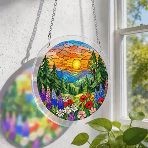 Beautiful stained glass sunset landscape hanging suncatcher detail with rainbow light reflection.