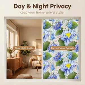Blue lotus window privacy film detail showing day and night static cling effect in room.