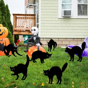 Halloween glowing black cat yard stakes set, acrylic silhouette lawn decor for spooky holiday.