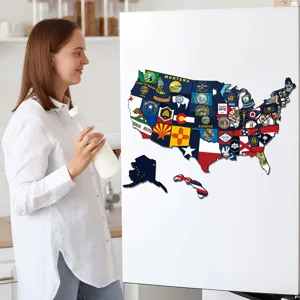 US state map puzzle fridge magnet, magnetic travel souvenir sticker for home kitchen decor detail.