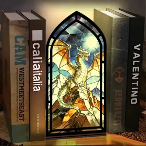 Fermalibri inserto vetrata drago con luce LED calda per decorazione della libreria.
