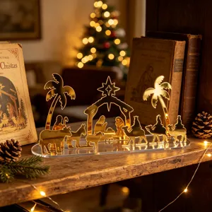 Decoration de table de Noel de creche en acrylique dore ensemble de figurines.