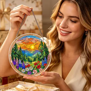 Acrylic Stained Glass Suncatcher Window Hanging Sunset Forest Flower Decoration