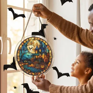 Halloween Vidriera Ventana Atrapa Sol Redondo Acrlico Colgante Casa Embrujada Decor