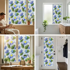 Detailed close-up view of blue lotus window privacy film applied on glass for decor.