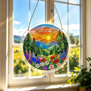 Detailed view of circular acrylic suncatcher with vibrant landscape design hanging in window.