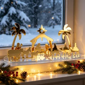 Décoration de Table de Crèche de Noël Acrylique Ensemble de Figurines Dorées Ornement Fête