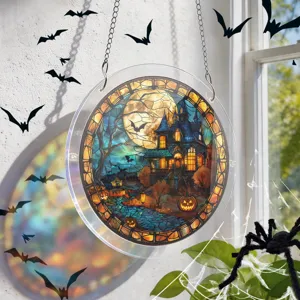 Atrapasueños acrílico de Halloween decoración para ventana con casa encantada y luna festiva