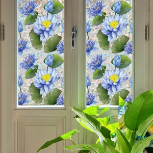 Static window film with blue lotus flower and green leaf pattern for home glass decoration.