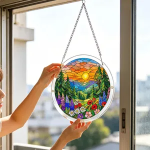 Stained glass acrylic sun catcher hanging detail, vibrant sunset landscape flowers.