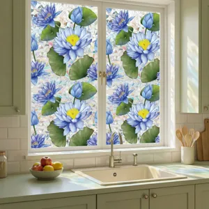 Blue lotus flower window film detail scene kitchen glass sticker decorative privacy view style