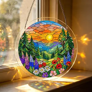 Acrylic suncatcher window hanging stained glass style landscape round pendant decor