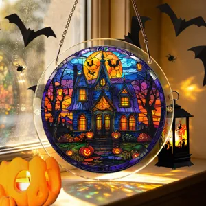 Vista detallada del adorno atrapasol de casa espeluznante de vidriera de Halloween.