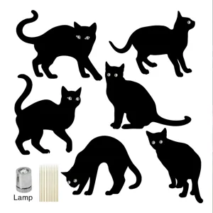 Halloween black cat garden stakes set with glowing LED light props for yard decor.