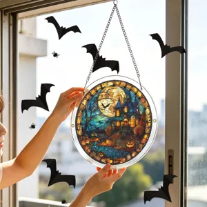 Atrapa luz de acrílico para Halloween colgante de ventana con castillo y murciélagos.